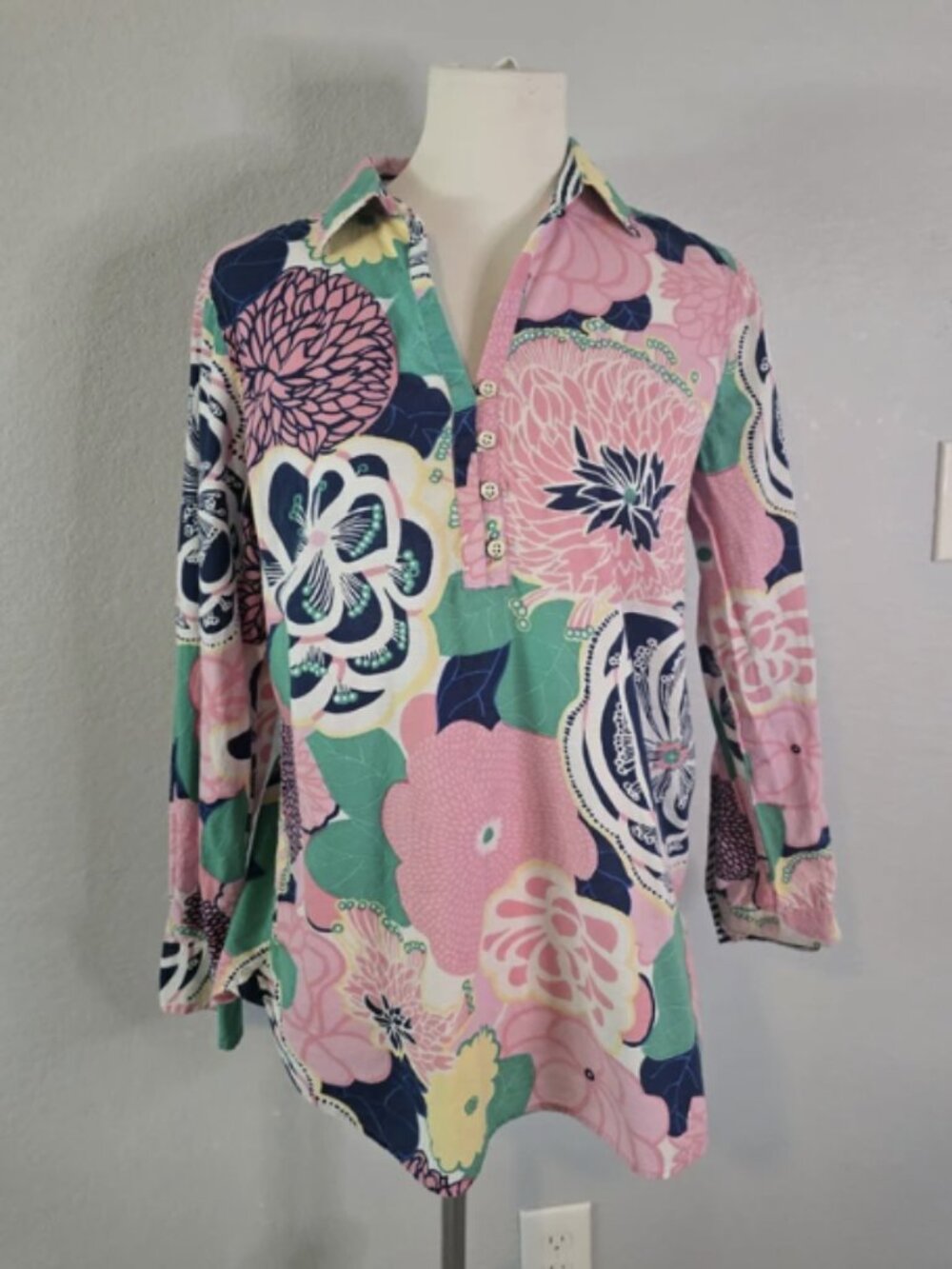 Talbots Pink Floral Cotton Popover Tunic Blouse Size Medium